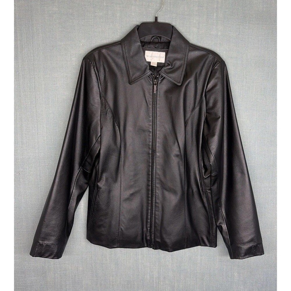 Worthington Women's Black Genuine Leather Full Zip Collared Jacket Medium
